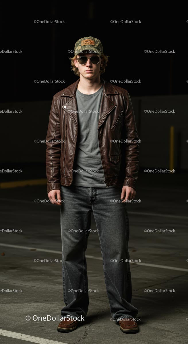Young Man in Leather Jacket and Camo Hat Outdoors