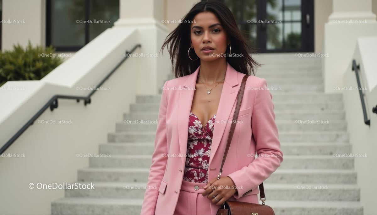 Confident Woman in Pink Suit Climbing Stairs