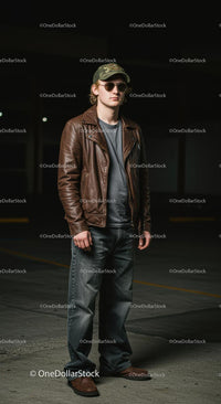 Young Man in Leather Jacket and Sunglasses in Urban Setting