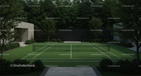 Modern Tennis Court Surrounded by Lush Greenery