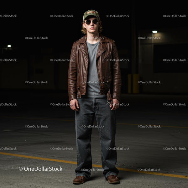 Stylish Young Man in Brown Leather Jacket and Sunglasses