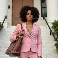 Confident Business Woman in Pink Suit Outside Office