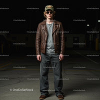 Young Man in Leather Jacket and Cap at Night
