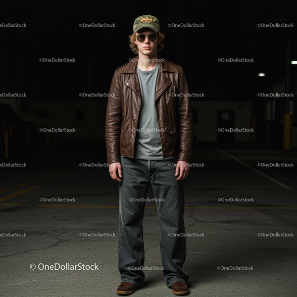 Young Man in Leather Jacket and Cap at Night