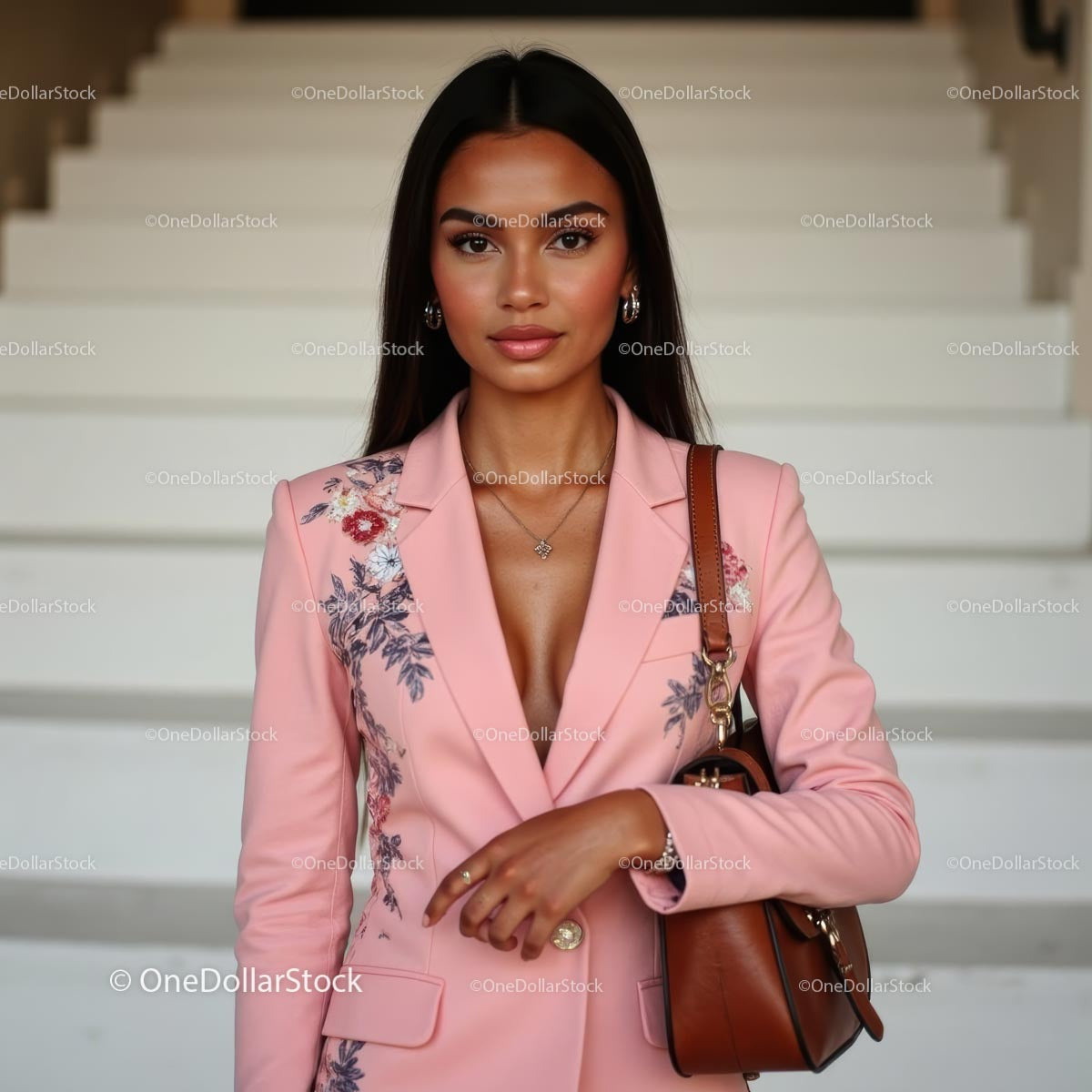 Elegancka kobieta w kwiecistej różowej marynarce