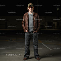 Stylish Man in Leather Jacket Standing at Night