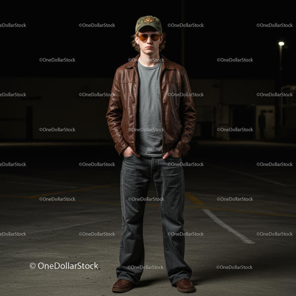 Stylish Man in Leather Jacket Standing at Night