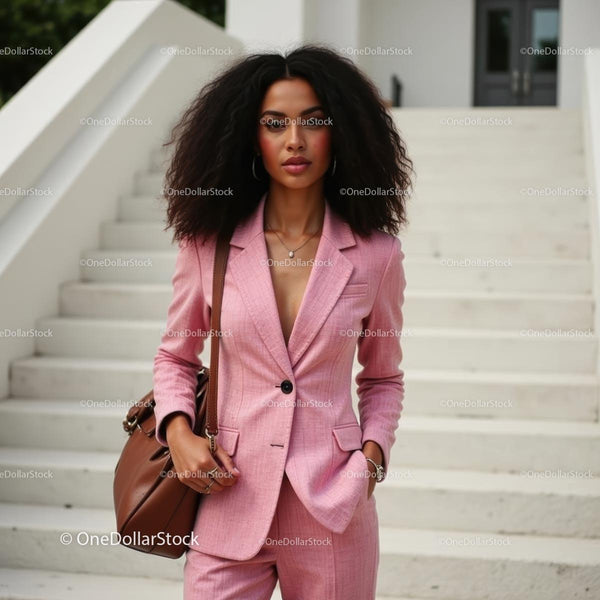 Elegant Woman in Pink Suit with Brown Handbag Outdoors