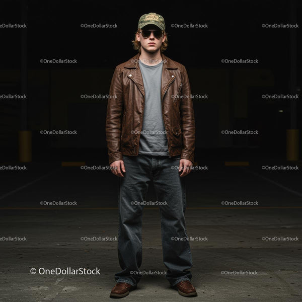 Stylish Man in Leather Jacket and Sunglasses