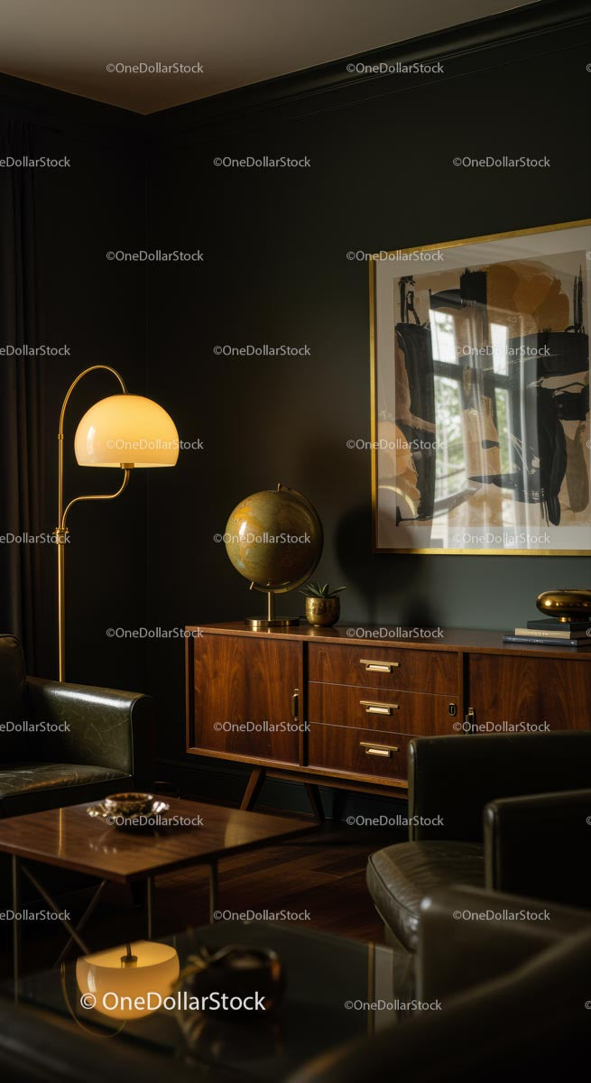 Salon w stylu Mid-Century Modern z eleganckim wystrojem