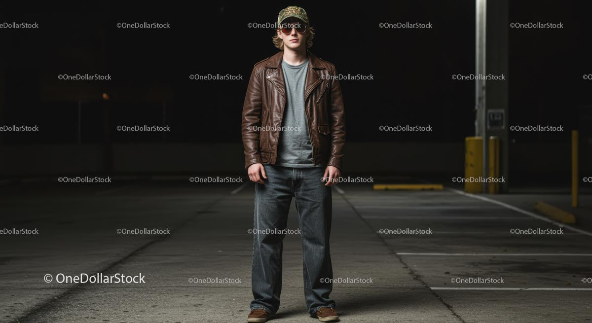 Young Man in Leather Jacket Standing in Empty Parking Lot