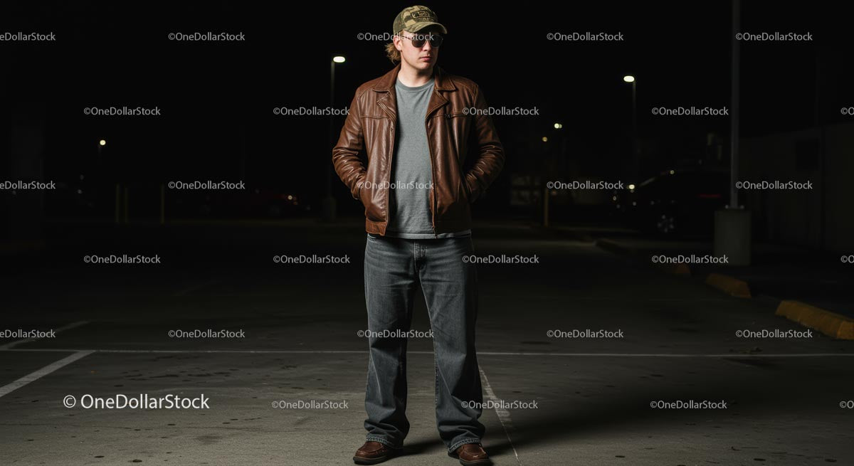 Man in Leather Jacket Standing in Dimly Lit Parking Lot