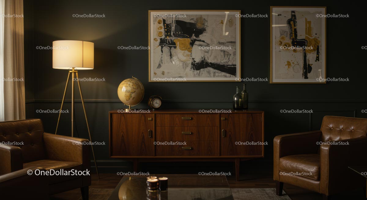 Elegancki salon w stylu Mid-Century Modern z wystrojem retro