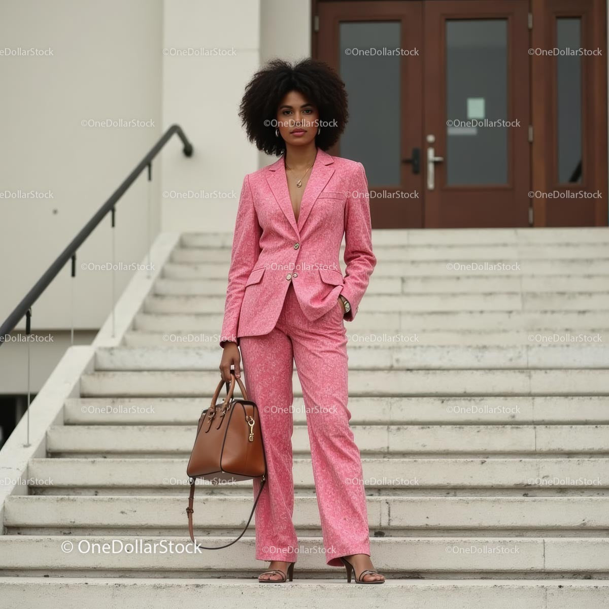Confident Woman in Pink Suit on City Steps