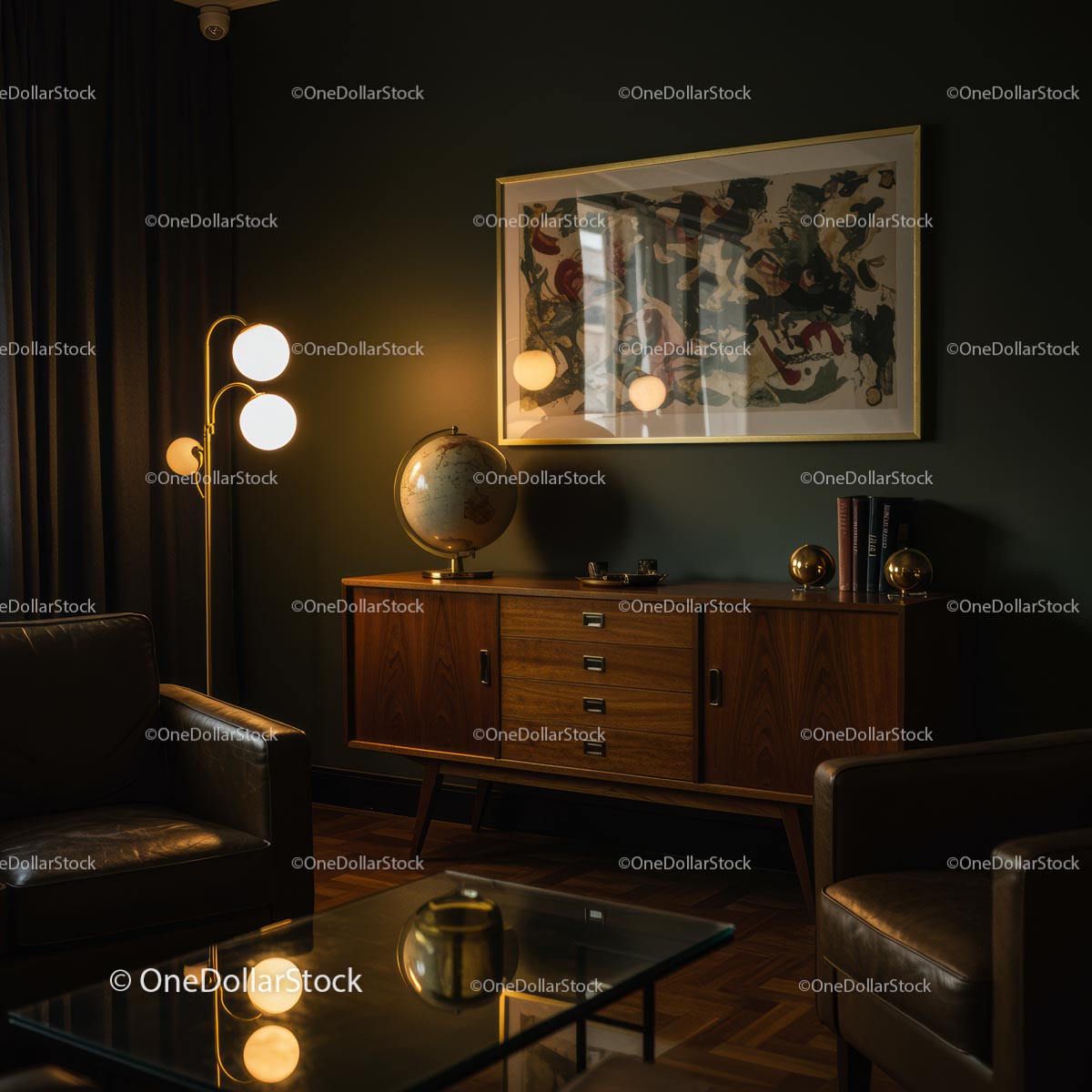Przytulny, nowoczesny pokój w stylu Mid-Century Modern z ciepłym oświetleniem