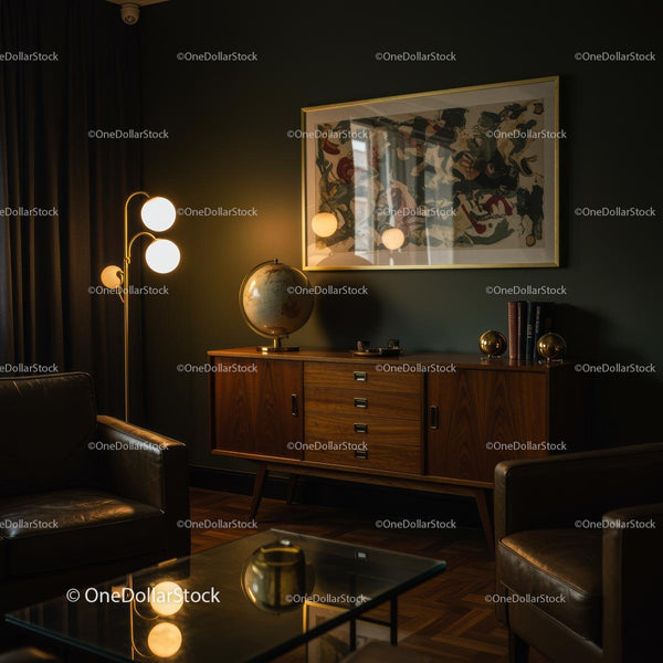 Cozy Mid-Century Modern Room with Warm Lighting