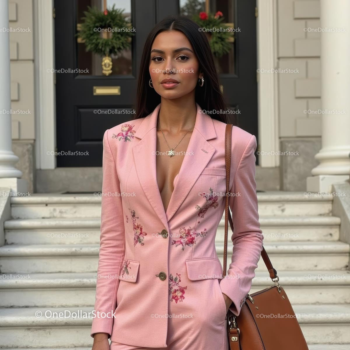 Elegant Woman in Floral Pink Suit Standing Outside