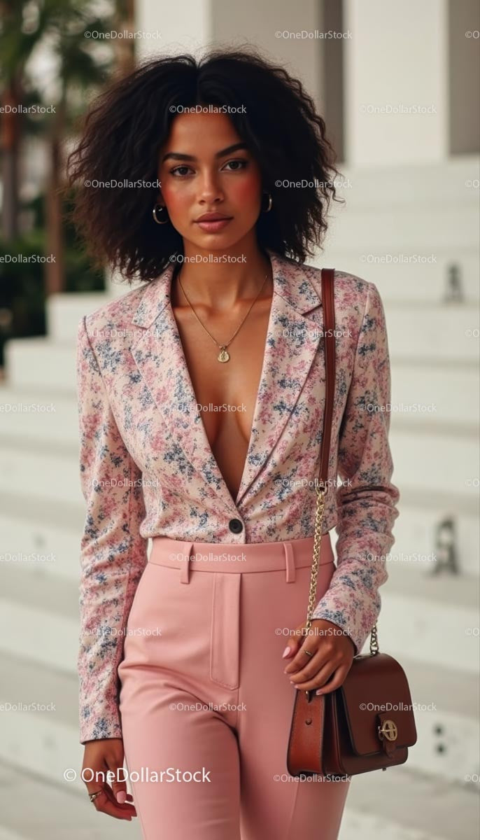 Elegant Woman in Floral Blazer and Pink Trousers