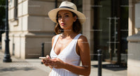 Fashionable Woman in White Dress and Hat Using Smartphone