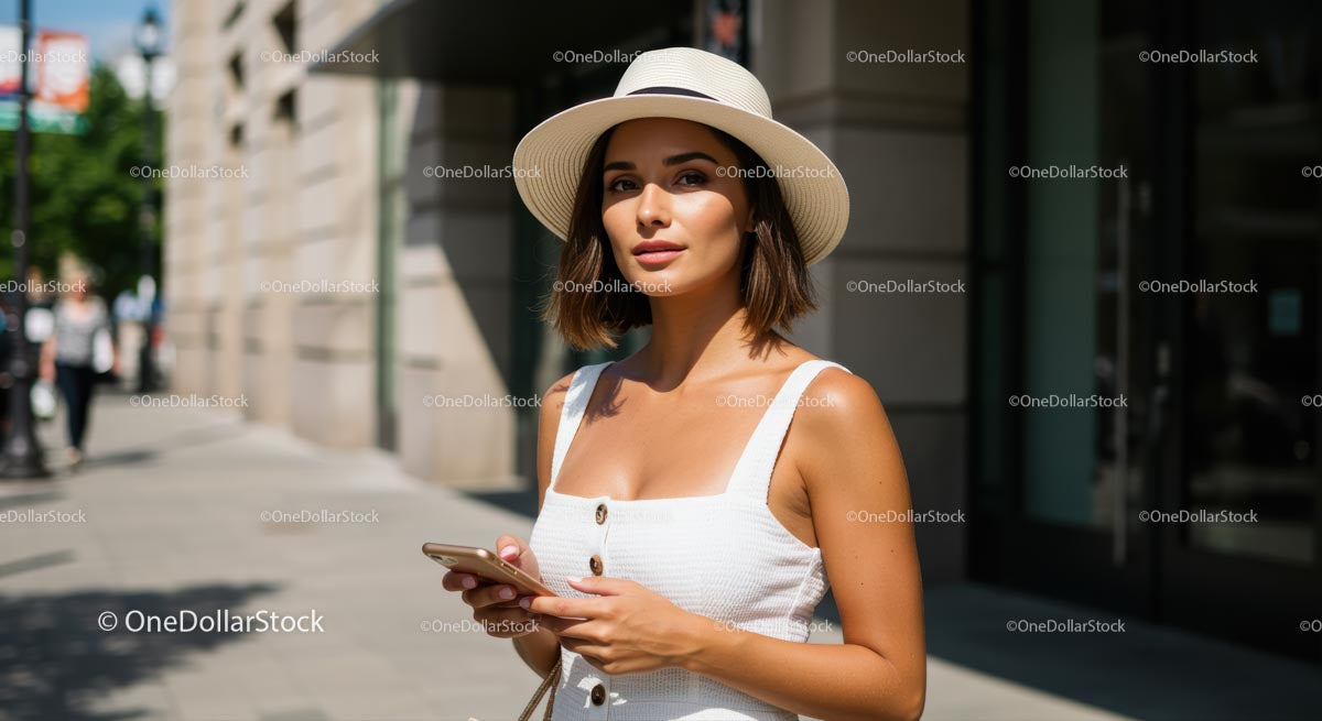 Kobieta w białej sukni i słomkowym kapeluszu na ulicy Sunny City