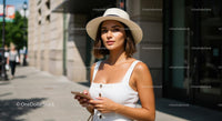 Woman in White Dress and Straw Hat on Sunny City Street