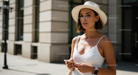 Fashionable Woman in White Dress Walking in Urban Setting