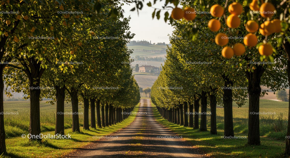 Tree-Lined Pathway Through a Picturesque Orchard