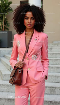 Elegant Woman in Pink Suit with Floral Embroidery