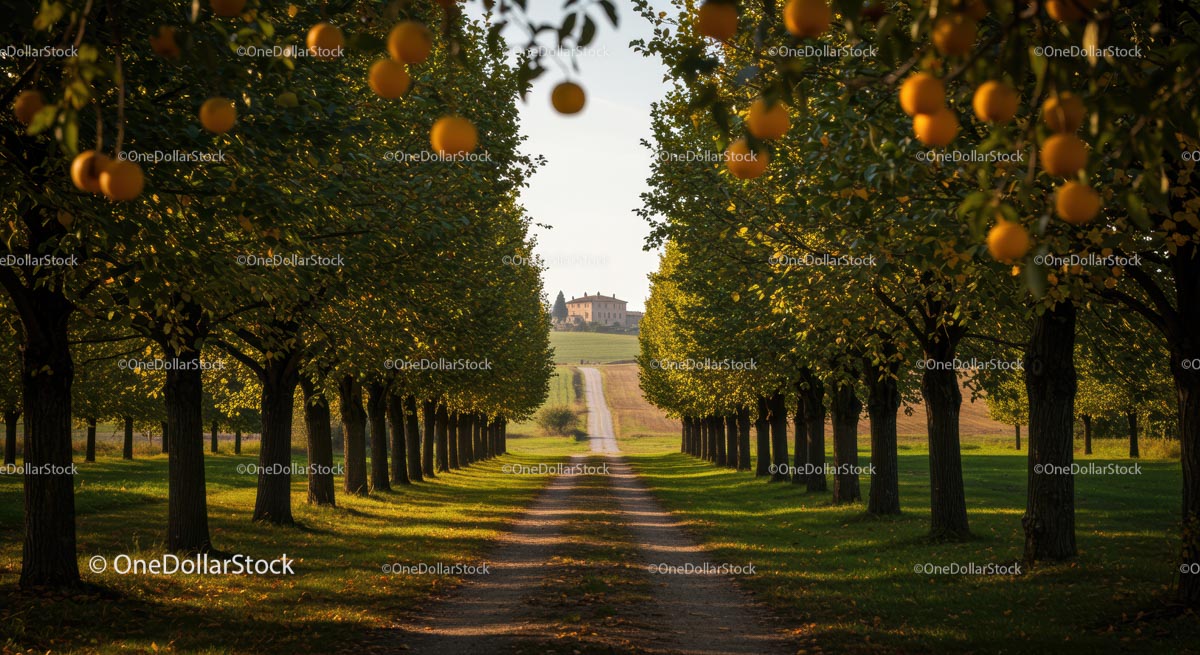 Scenic Pathway Through Orange Orchard Towards Farmhouse