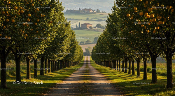 Scenic Tuscan Avenue Lined with Lemon Trees at Golden Hour