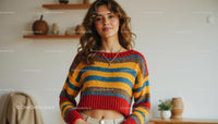 Smiling Woman in Cozy Sweater with Modern Bookshelf