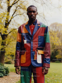 Man in Vibrant Multicolored Jacket Outdoors