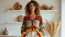 Smiling Woman in Colorful Striped Cardigan