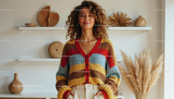 Smiling Woman in Colorful Striped Cardigan