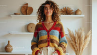 Smiling Woman in Cozy Sweater with Modern Bookshelf