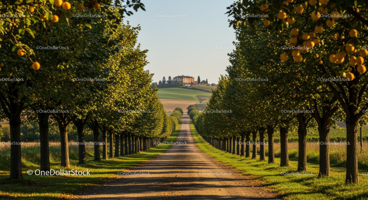 Tree-Lined Pathway to Italian Countryside Villa