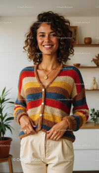 Smiling Woman in Cozy Cardigan at Home Library