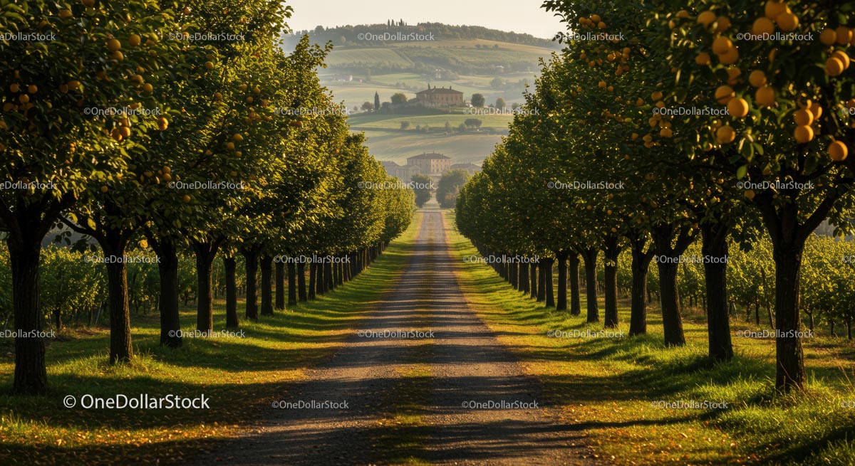 Tree-Lined Road in a Serene Orchard Landscape