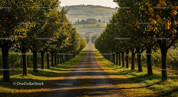 Tree-Lined Road in a Serene Orchard Landscape