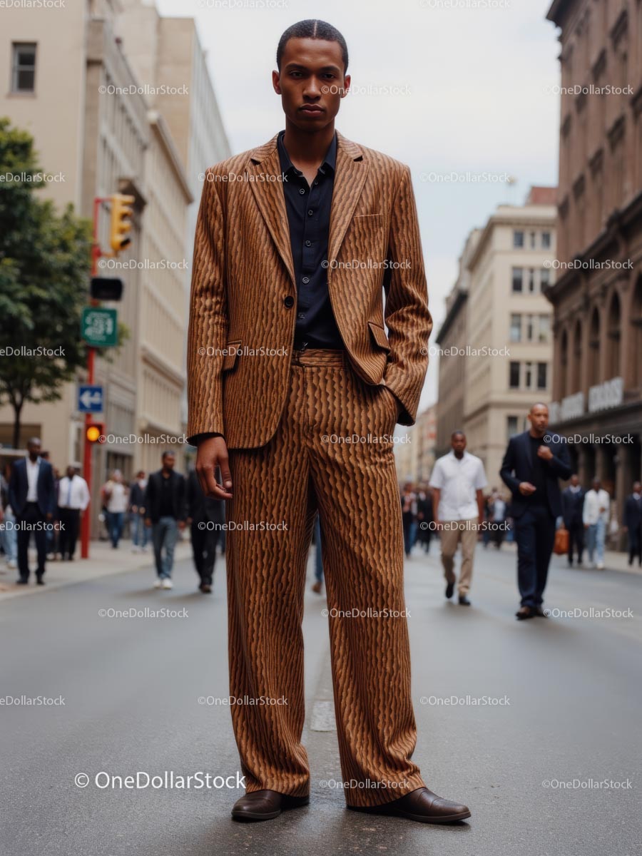 Stylish Man in Brown Suit Walking on City Street