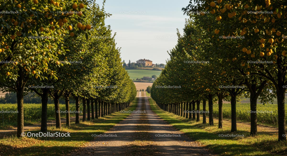 Tree-Lined Country Road Leading to Distant Farmhouse