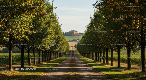 Tree-Lined Country Road Leading to Distant Farmhouse