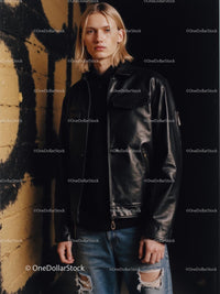 Casual Fashion in Black Leather Jacket and Ripped Jeans