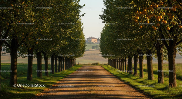 Tree-lined Country Road Leading to Distant Mansion