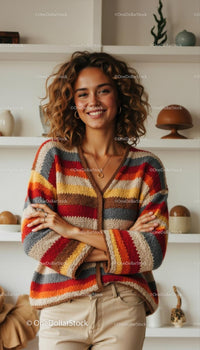 Smiling Woman in Colorful Striped Sweater at Home