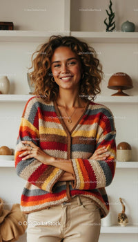 Smiling Woman in Cozy Cardigan at Home Library