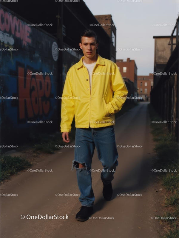 Młody mężczyzna w żółtej kurtce spacerujący obok ściany z graffiti