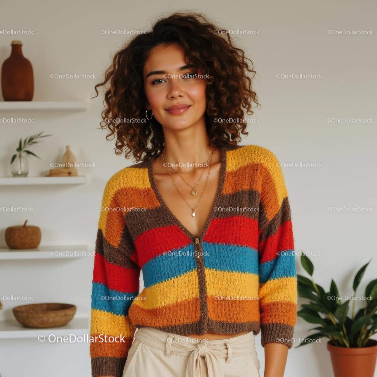 Smiling Woman in Cozy Beige Cardigan at Home