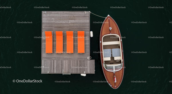 Aerial View of Orange Sun Loungers on Wooden Dock with Motorboat