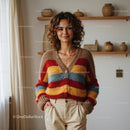 Smiling Woman in Colorful Sweater in Cozy Home Setting